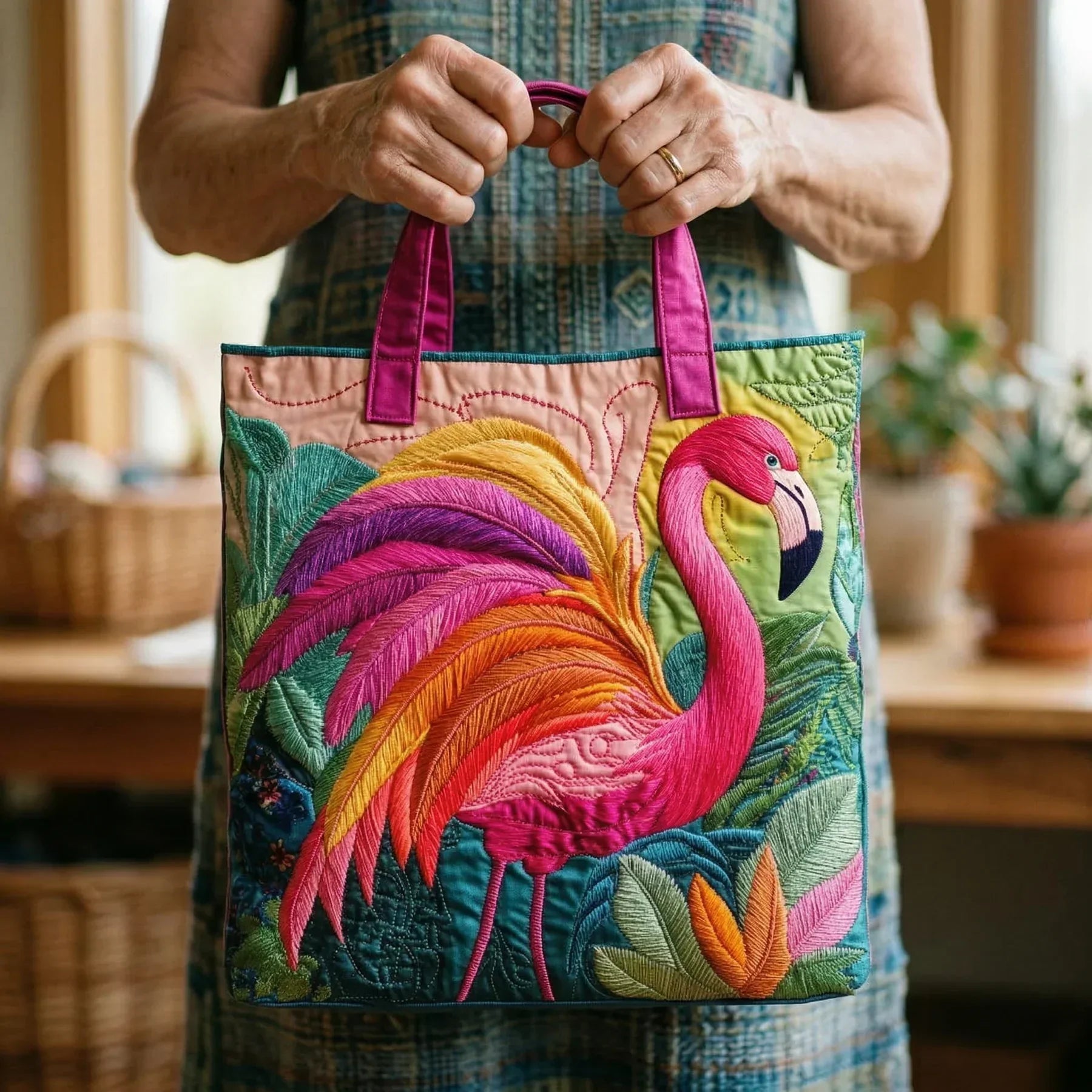 Torba tote pikowana - Tęczowy flaming